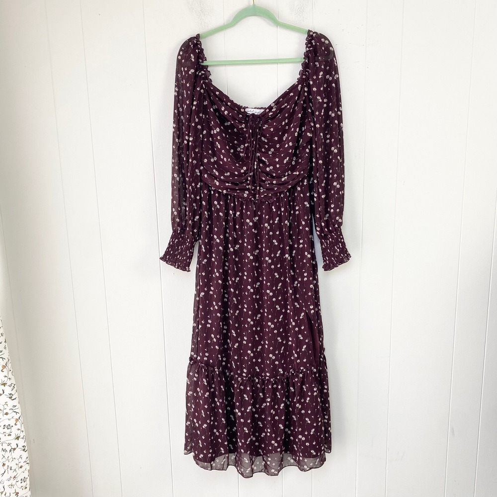 Petal + Pup Plum Floral Ruched Tie Front Smocked Midi Dress XL Burgundy Daisy